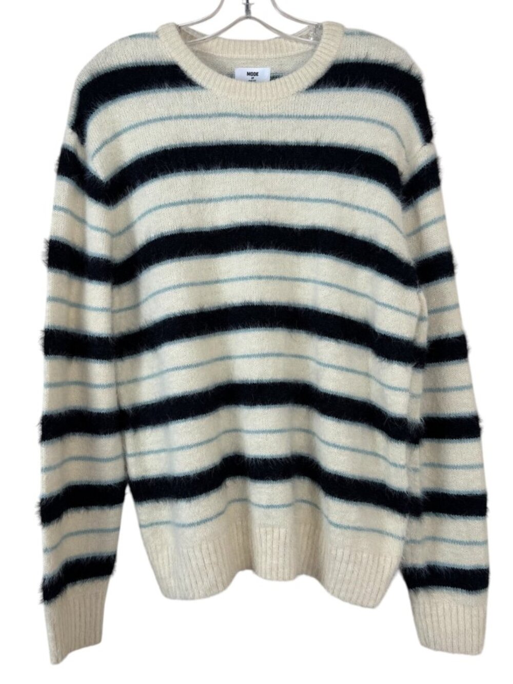 Mode of One NEW Striped Crew Neck Sweater Men's S Ecru Black Blue Soft Cozy Warm